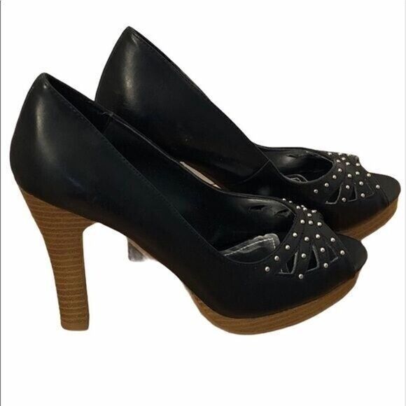 NEW black vegan leather platform peeptoe heels 5.5 Mandee cutout - Picture 1 of 12